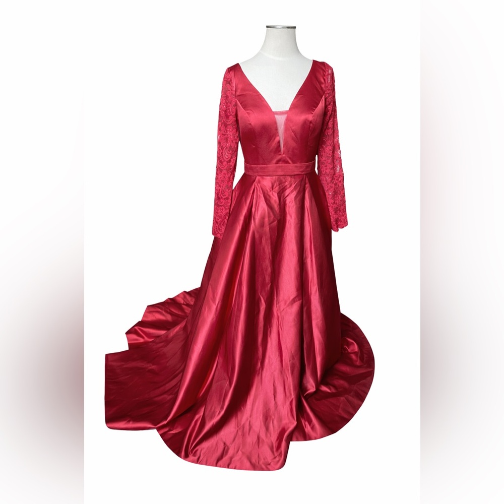 LANTING Bride Burgundy Satin Lace Long Sleeve Gown Open Back Train Formal Dress